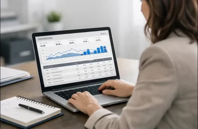 Profesional revisando campañas de búsqueda en Google Ads en un portátil para valorar intención, anuncios y conversiones.