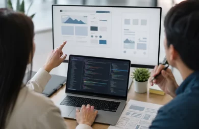 Diferencia diseño y desarrollo web en una mesa de trabajo con prototipo visual y código en pantalla
