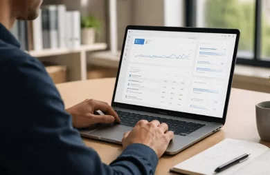 IA Max para campañas de búsqueda en una interfaz de Google Ads con métricas, anuncios y revisión estratégica desde un portátil