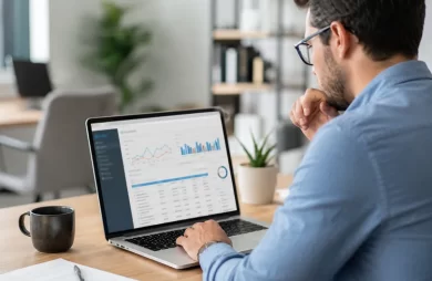 Informes de IA Max en Google Ads revisados por una profesional de marketing en un portátil con métricas y segmentos de campaña
