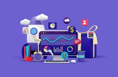 Ilustración 3D sobre arquitectura web, con gráficos, estadísticas y elementos digitales