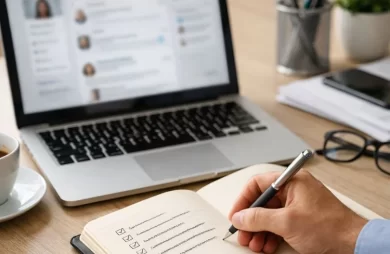 Cómo usar LinkedIn para generar negocio con perfil optimizado, contenido profesional y conexiones B2B en pantalla de portátil