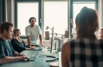 Reunión de equipo analizando densidad de palabras clave y redacción SEO
