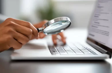 Análisis de resultados de campaña de Google Ads con lupa frente al ordenador