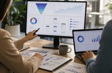 Equipo analizando un embudo de conversión con métricas y estrategia digital en pantallas de trabajo