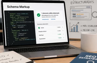 Panel de análisis SEO con herramientas para validar marcado estructurado y revisar avisos técnicos de una web