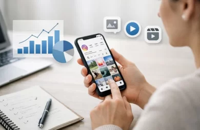 Móvil con analíticas e iconos de feed y Reels explicando Cómo funciona el algoritmo de Instagram para cuentas de empresa