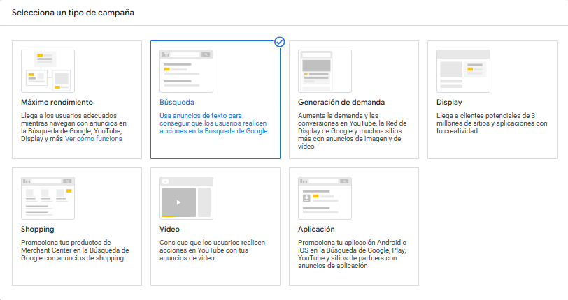 Captura de Google Ads durante la configuración de una campaña, con el tipo Campaña de búsqueda seleccionado realizado por uan agencia de marketing digital especialista en campañas de Google ADS.