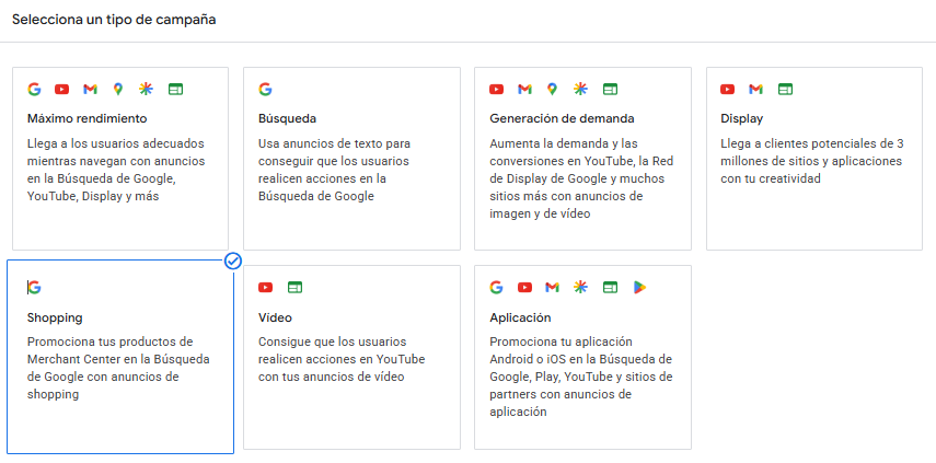 Selección de una campaña de Shopping en Google Ads desde el panel de creación de campañas