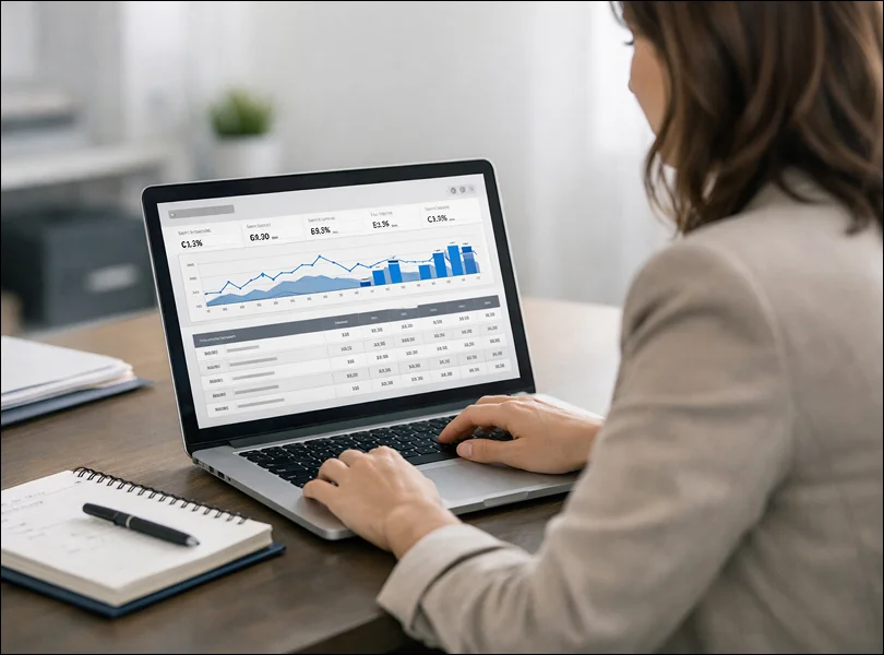 Profesional revisando campañas de búsqueda en Google Ads en un portátil para valorar intención, anuncios y conversiones.