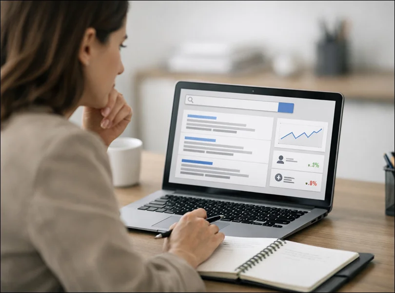 Profesional analizando campañas de búsqueda en Google Ads y la intención de búsqueda en una oficina.