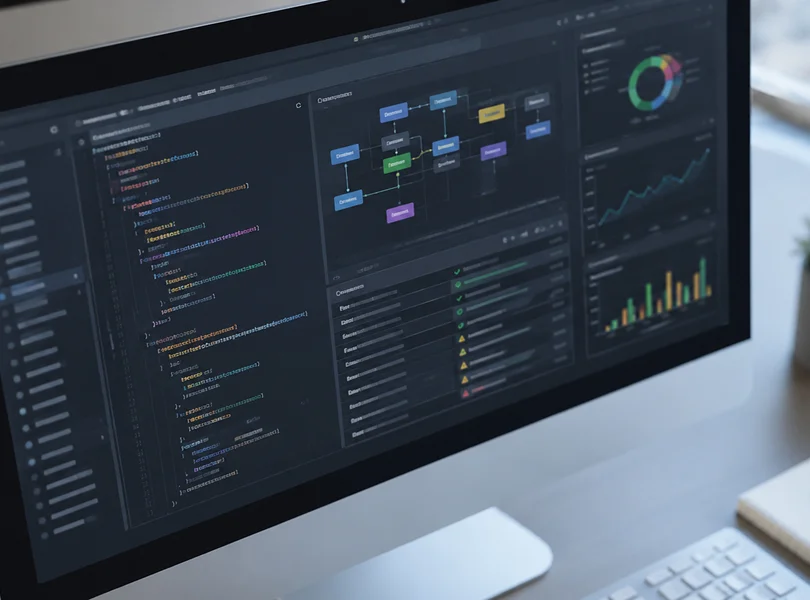 Pantalla realista con datos estructurados, código abstracto y paneles SEO para revisar el marcado de una web