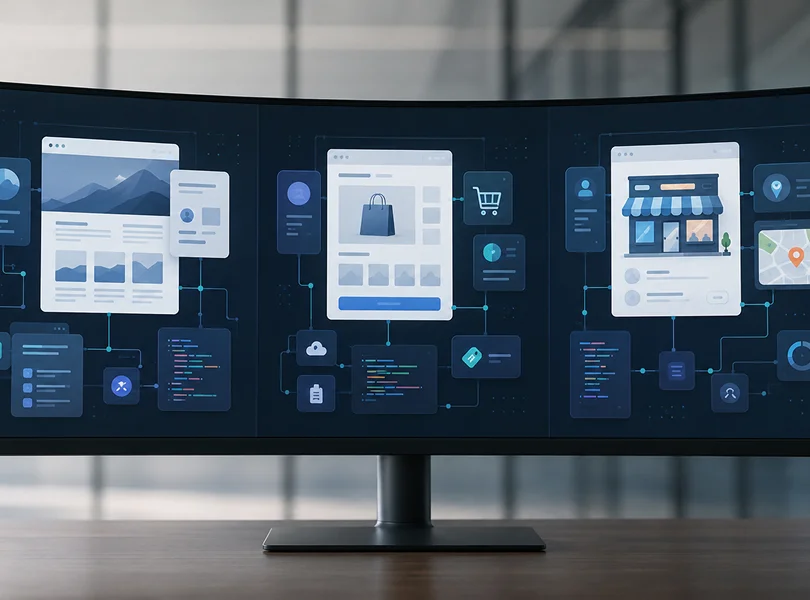 Pantalla realista con paneles abstractos de datos estructurados para blog, ecommerce y negocio local.