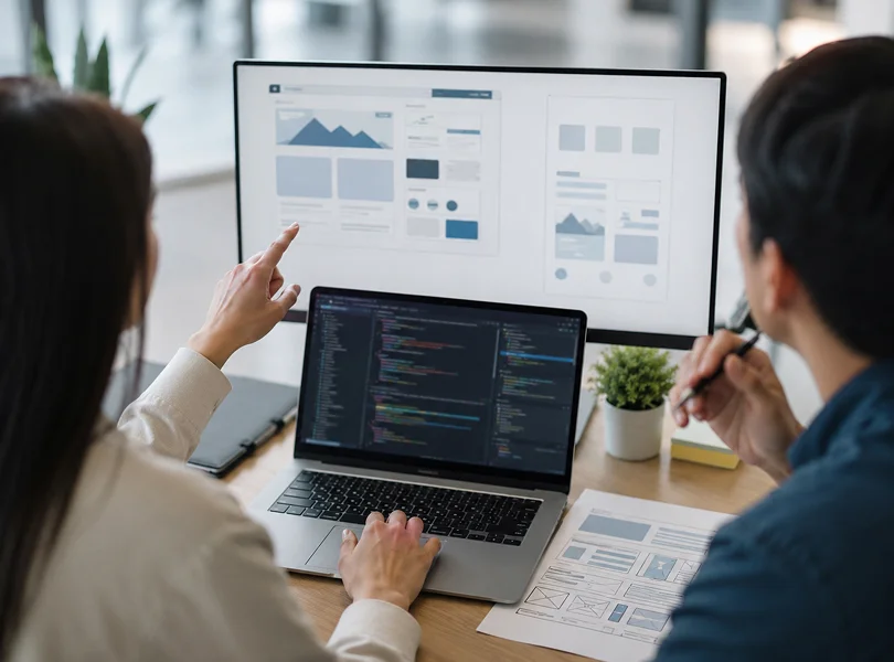Diferencia diseño y desarrollo web en una mesa de trabajo con prototipo visual y código en pantalla