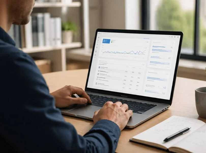 IA Max para campañas de búsqueda en una interfaz de Google Ads con métricas, anuncios y revisión estratégica desde un portátil