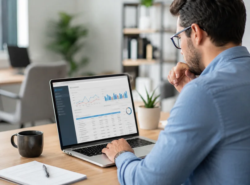Informes de IA Max en Google Ads revisados por una profesional de marketing en un portátil con métricas y segmentos de campaña
