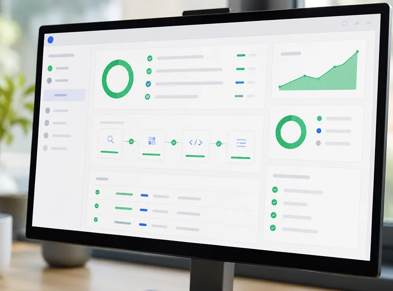 Pantalla realista con panel de validación de datos estructurados y estado técnico del marcado SEO.