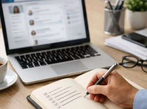 Cómo usar LinkedIn para generar negocio con perfil optimizado, contenido profesional y conexiones B2B en pantalla de portátil