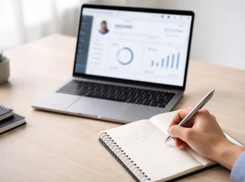 Cómo usar LinkedIn para generar negocio revisando perfil y plan de contenido desde un portátil con notas de estrategia.