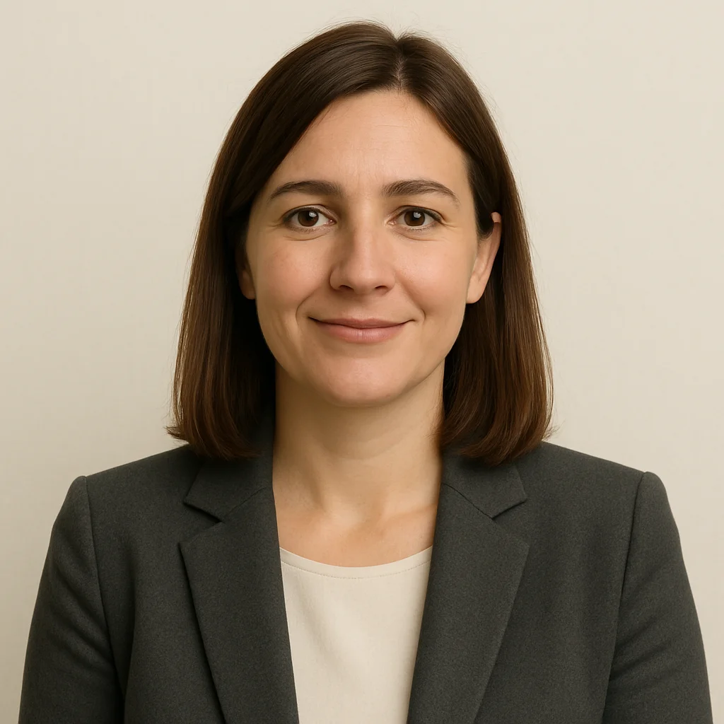 Retrato profesional de una mujer de 38 años, buyer persona llamada Laura, responsable de comunicación en una ONG, con cabello castaño a la altura de los hombros, vestida con blazer gris y blusa clara, posando centrada y sonriendo levemente sobre fondo neutro.