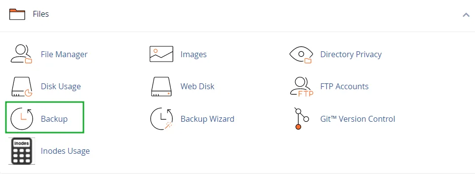 Menú de cPanel en la sección Files con la opción Backup resaltada.
