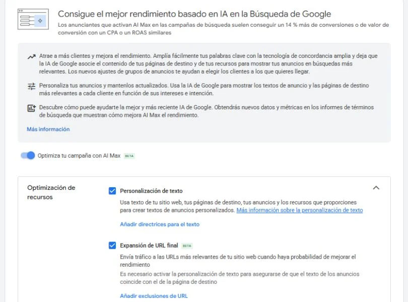 Configuración de IA Max para campañas de búsqueda en Google Ads con opciones de personalización de texto, expansión de URL final y ajustes de optimización dentro de la interfaz de la campaña
