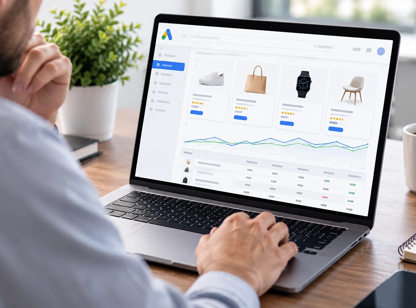 Profesional revisando campañas de Shopping en Google Ads con imágenes, precios y disponibilidad de productos