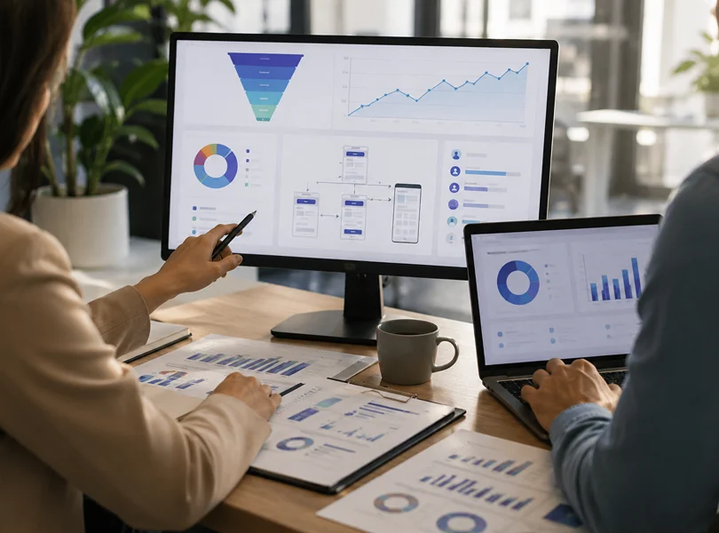 Equipo analizando un embudo de conversión con métricas y estrategia digital en pantallas de trabajo