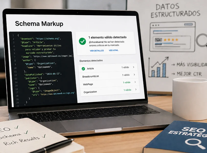 Panel de análisis SEO con herramientas para validar marcado estructurado y revisar avisos técnicos de una web