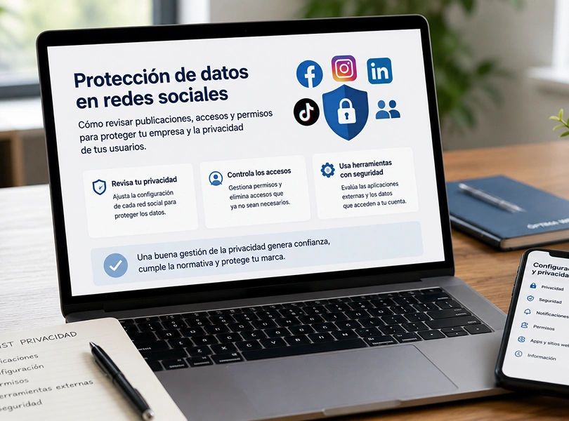 Protección de datos en redes sociales revisada por una empresa antes de publicar contenidos corporativos