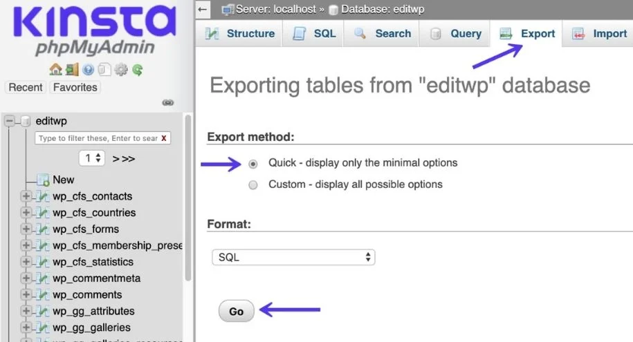 Pantalla de phpMyAdmin en Kinsta mostrando la exportación de una base de datos WordPress en formato SQL