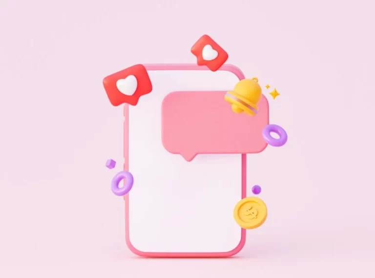 Ilustración 3D de smartphone rosa con burbuja de chat, campana y likes flotando sobre fondo pastel: visual de notificaciones y social listening.