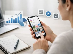 Móvil con analíticas e iconos de feed y Reels explicando Cómo funciona el algoritmo de Instagram para cuentas de empresa