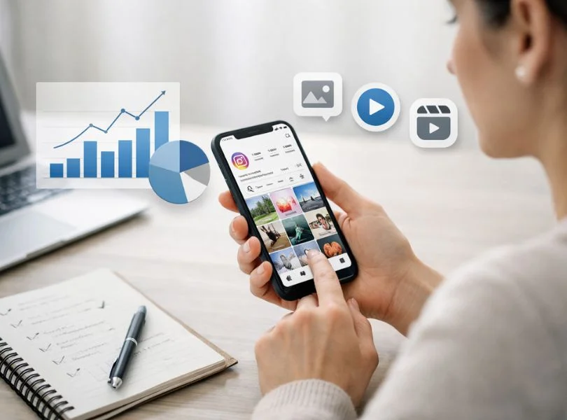 Móvil con analíticas e iconos de feed y Reels explicando Cómo funciona el algoritmo de Instagram para cuentas de empresa