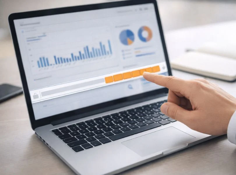 Qué son las utm con ejemplo de URL etiquetada junto a un panel de analítica web en un portátil.